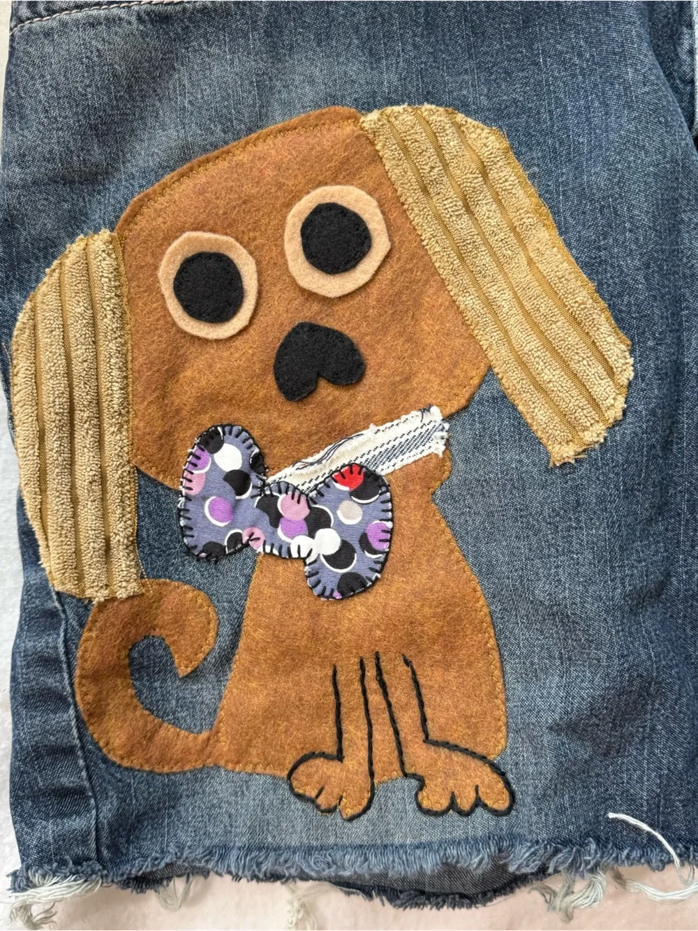 Upcycled Boho Jean Shorts Hand-Stitched Embroidered Puppy Patchwork Raw Hem Lg